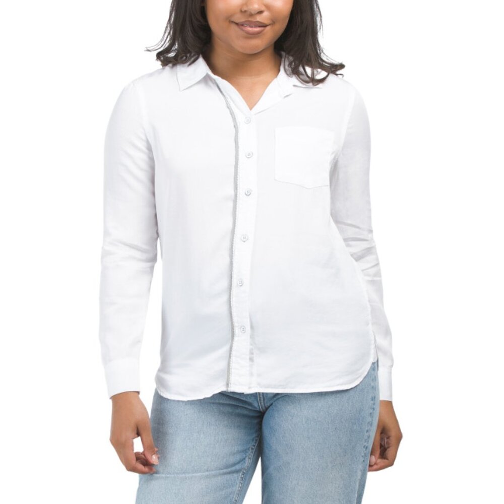 VELVET HEART Optic White Long Sleeve Novelty Trim Button Down Shirt